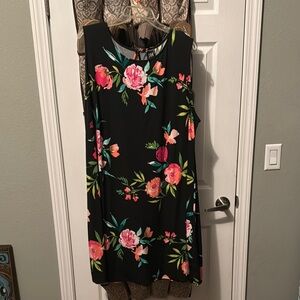 Floral Sleeveless Dress - Black with Pink and Green Accents